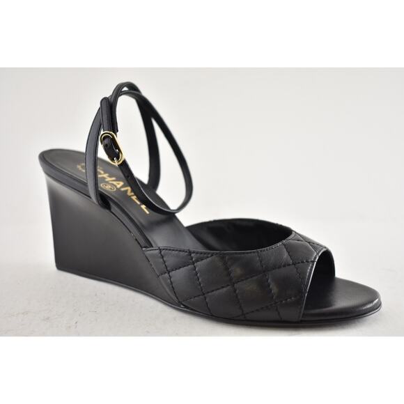 Chanel 24C Black Quilted Lambskin CC Crystal Logo Ankle Strap Sandal Wedge 38 - Picture 4 of 16